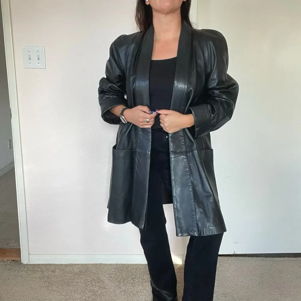 Vintage DERO Rocco D’Amelio Oversized Black Leather Open Front Coat Jacket